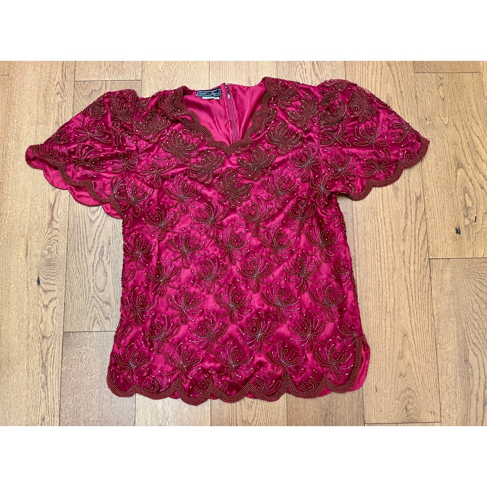 VTG New Trends Beaded Evening Top XL Burgundy Red Silk Rayon Floral Scalloped